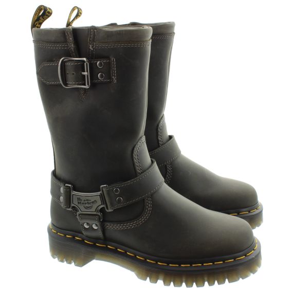 DR MARTENS Ladies Anistone Tall Leather Biker Boots In Charcoal Grey 