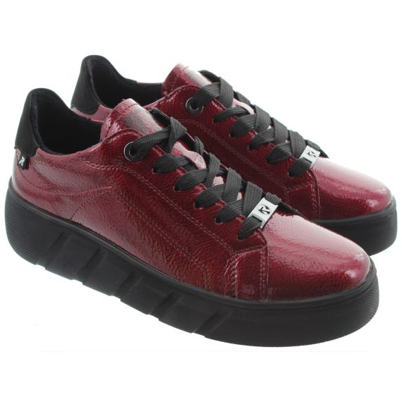 RIEKER Ladies W2601 Lace Trainers In Cherry Red Patent 